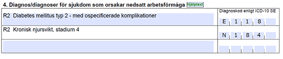 Skärmklipp på fält 4. Diagnos/diagnoser i läkarintyget.